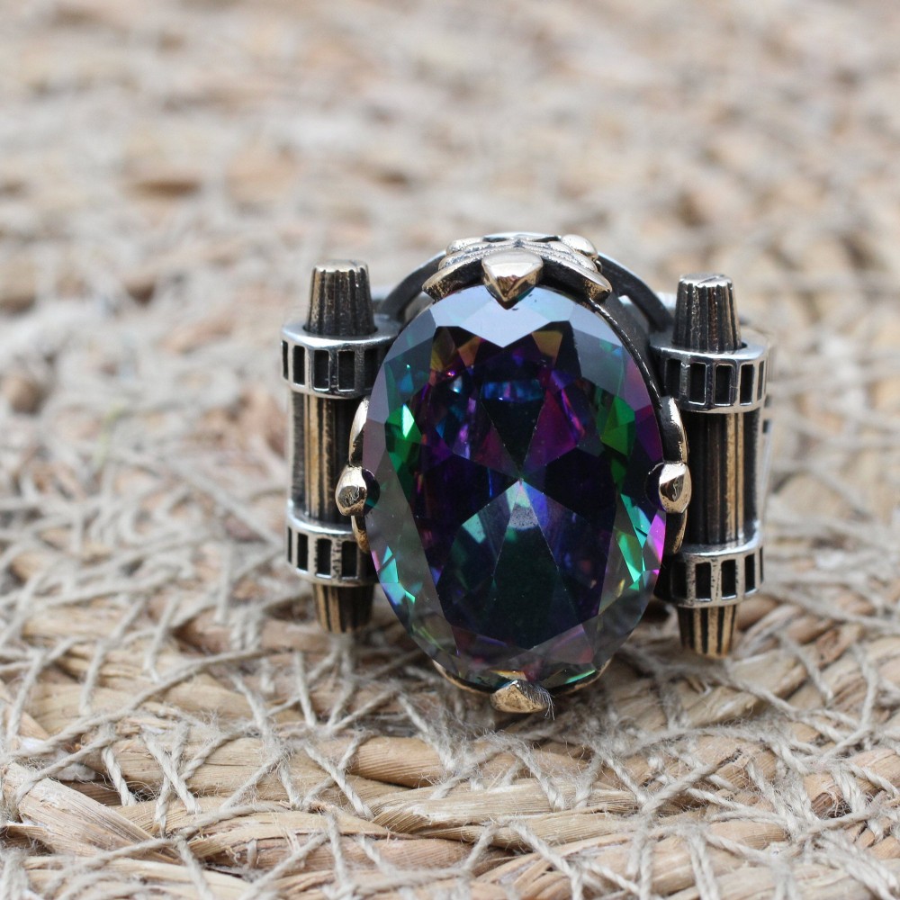 Mystic Topaz Ring, Handmade Ring, Turkish Handmade Silver Men Ring, Mystic Topaz Ring, Men's Jewelry, Gift for Him, 925k Sterling Silver