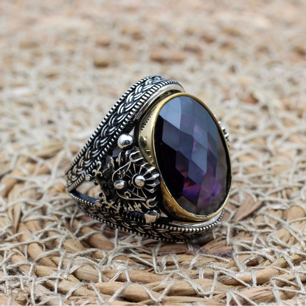 Amethyst Men's Ring, Ottoman Men's Ring, Handmade Men's Ring, Turkish Handmade Men's Ring, Men's Jewelry, Gift for Him, 925 Sterling Silver