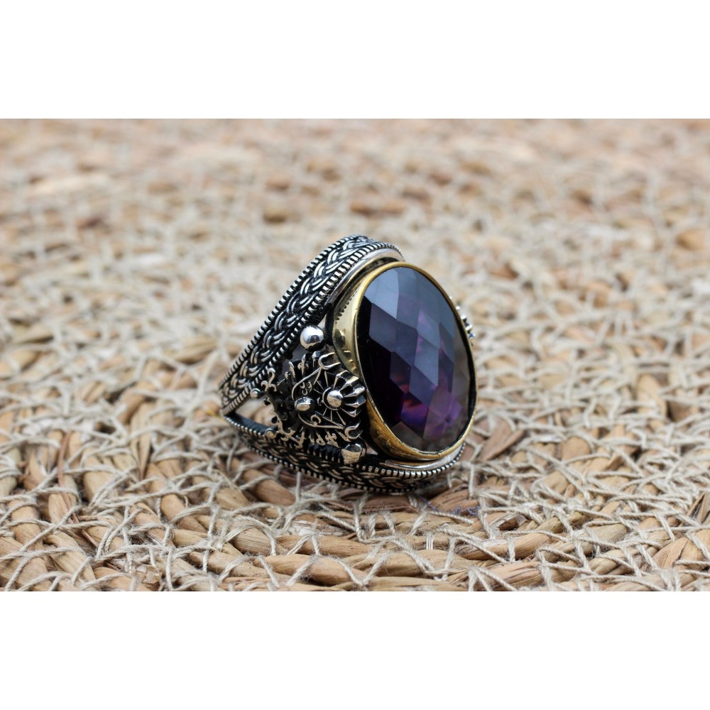 Amethyst Men's Ring, Ottoman Men's Ring, Handmade Men's Ring, Turkish Handmade Men's Ring, Men's Jewelry, Gift for Him, 925 Sterling Silver