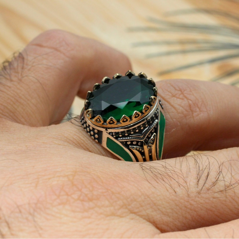 Emerald Men's Ring, Ottoman Men's Ring, Handmade Men's Ring, Turkish Handmade Men's Ring, Men's Jewelry, Gift for Him, 925 Sterling Silver