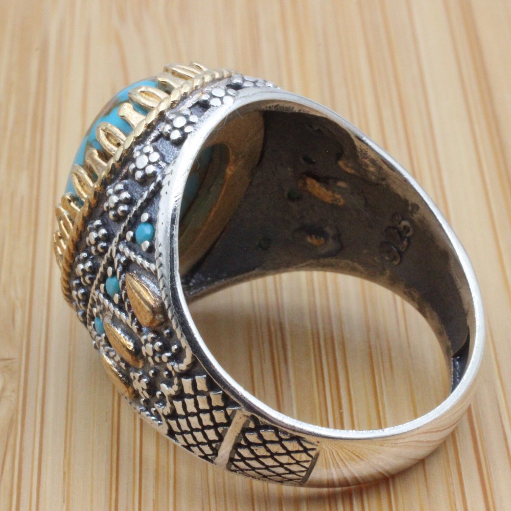 Turquoise Men's Ring, Handmade Ring, Turkish Handmade Silver Men's Ring, Ottoman Ring, Yemeni Ring, Gift for Him, 925k Sterling Silver Ring,
