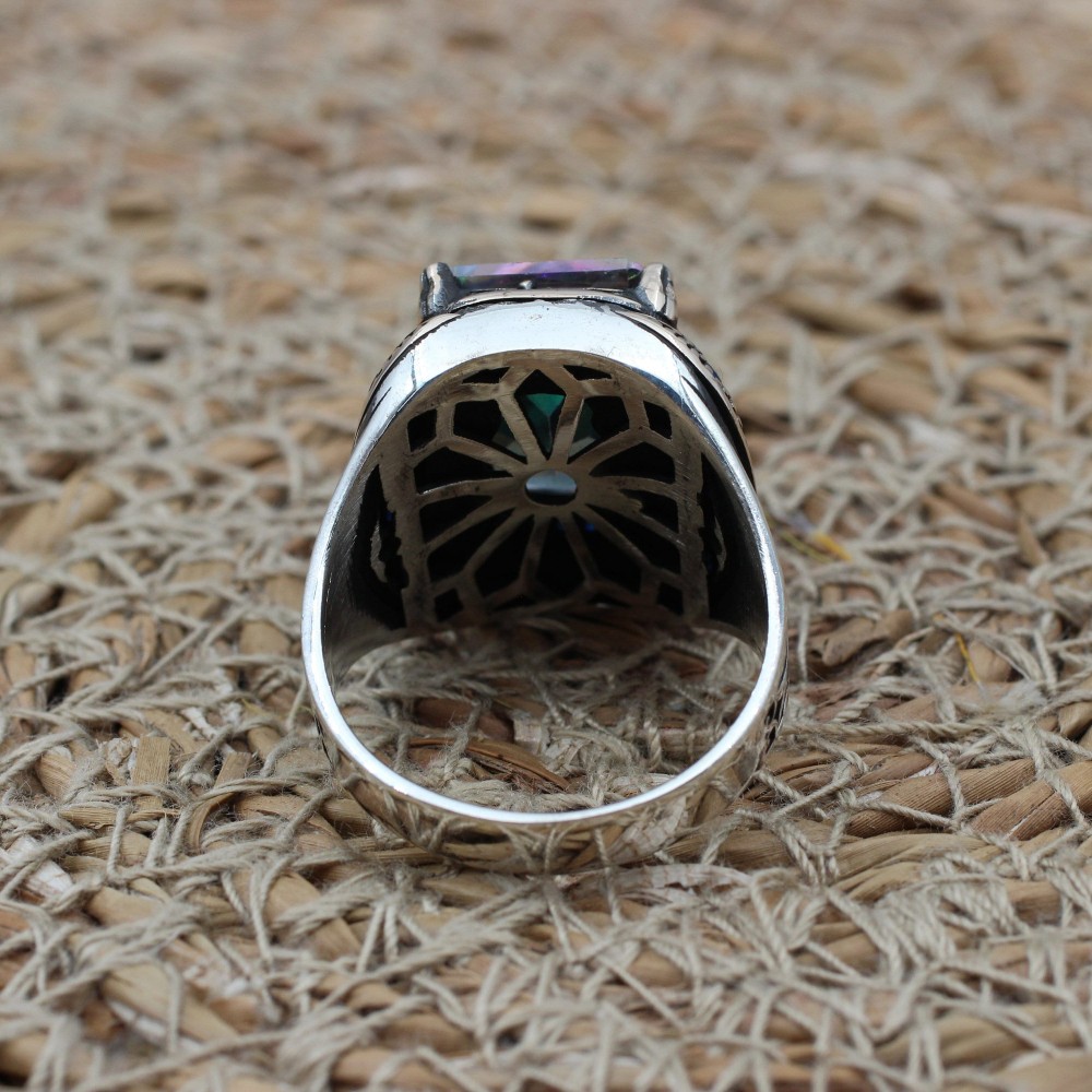 Mystic Topaz Men's Ring, Handmade Men's Ring, Turkish Handmade Silver Ring, Ottoman Ring, Men's Jewelry, Gift for Him, 925 Sterling Silver