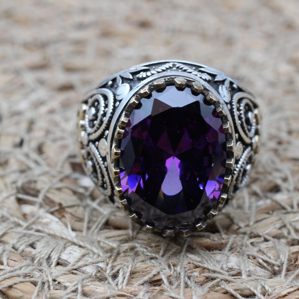 Amethyst Men's Ring, Mens Handmade Ring, Turkish Handmade Silver Men Ring, Ottoman Men Ring, Men Jewelry, Gift for Him, 925k Sterling Silver