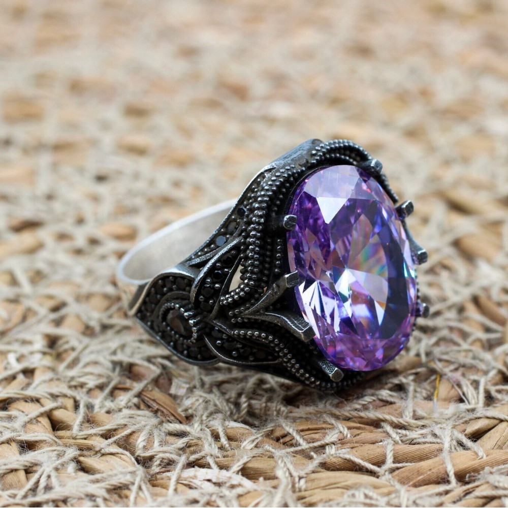 Amethyst Men's Ring, Mens Handmade Ring, Turkish Handmade Silver Men Ring, Ottoman Men Ring, Men Jewelry, Gift for Him, 925k Sterling Silver