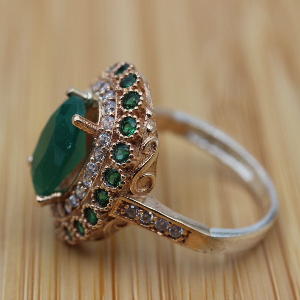 Emerald Ring, Handmade Women's Ring, Turkish Handmade Ring, Authentic Ring, Ottoman Ring, Ladies Ring, 925k Sterling Silver, Cubic Zircon