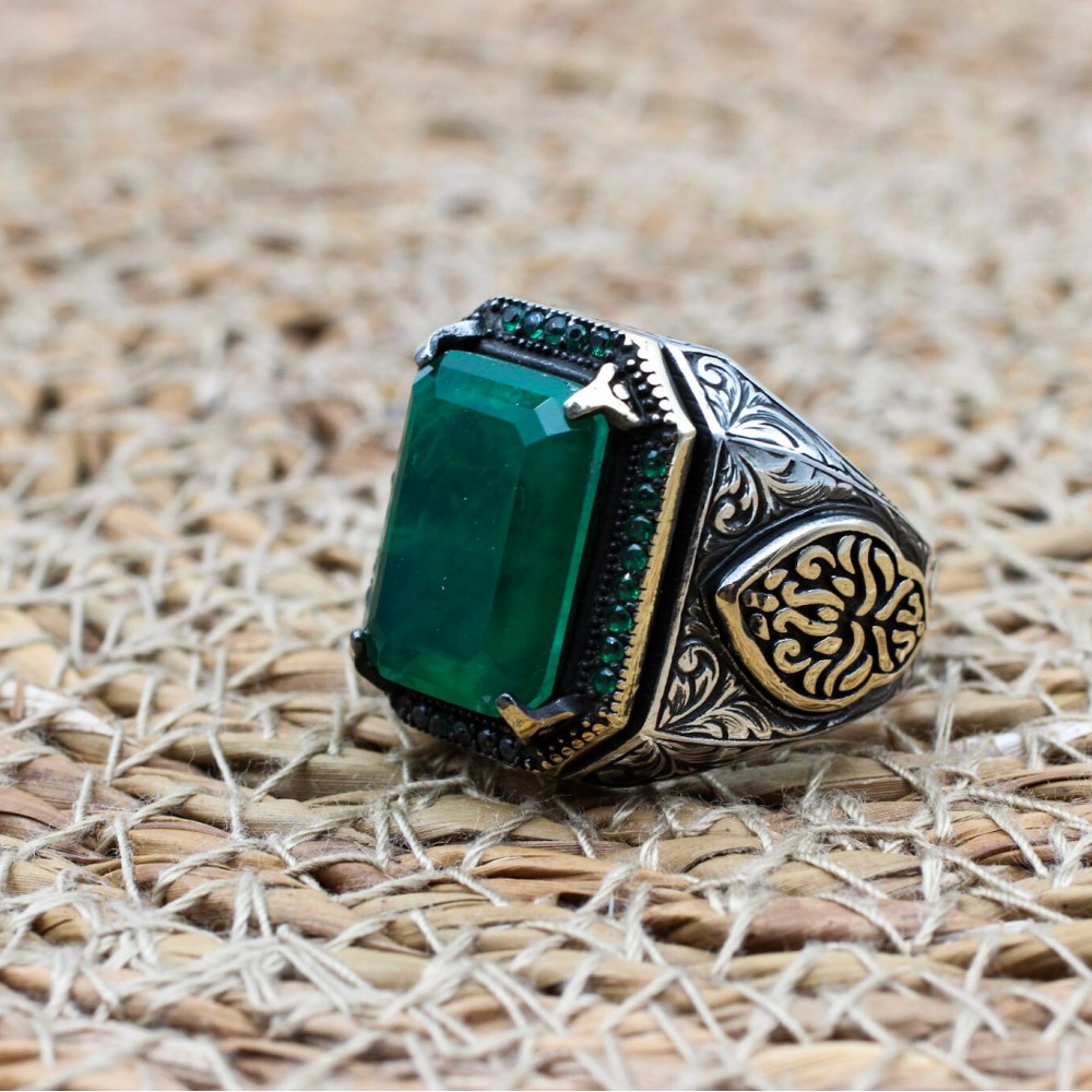 Emerald Men's Ring, Ottoman Men's Ring, Handmade Men's Ring, Turkish Handmade Men's Ring, Men's Jewelry, Gift for Him, 925 Sterling Silver