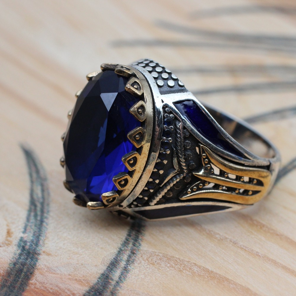 Sapphire Men Ring, Turkish Handmade Silver Men Ring, Mens Handmade Ring, Ottoman Ring, Men Jewelry, Gift for Him, 925k Sterling Silver Ring