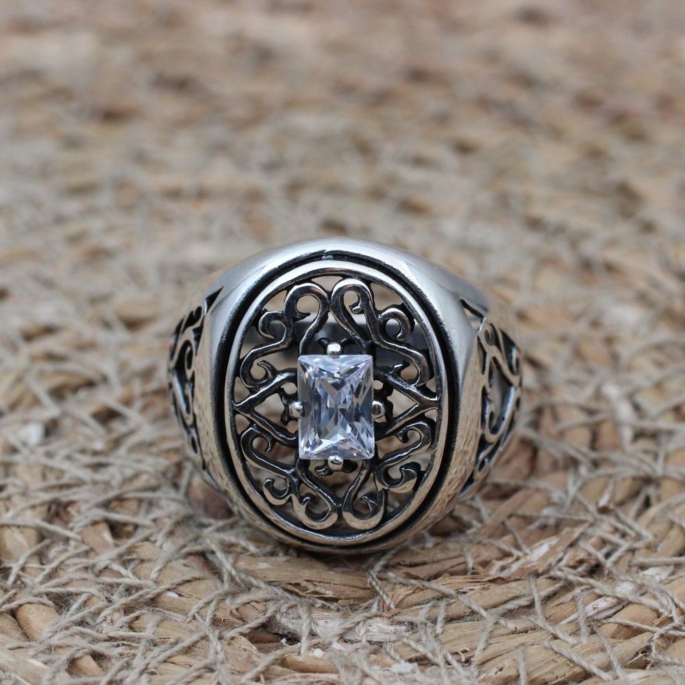 Mens Handmade Ring, Turkish Handmade Silver Men Ring, Ottoman Men Ring, Zircon Ring, Men's Jewelry, Gift for Him, 925k Sterling Silver Ring