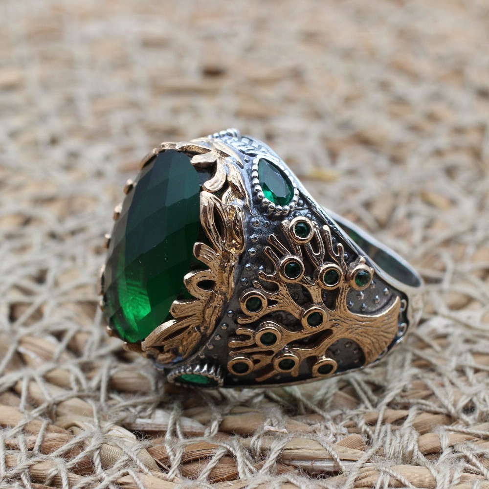 Emerald Men's Ring, Ottoman Men's Ring, Tree Of Life Ring, Turkish Handmade Men's Ring, Men's Jewelry, Gift for Him, 925 Sterling Silver
