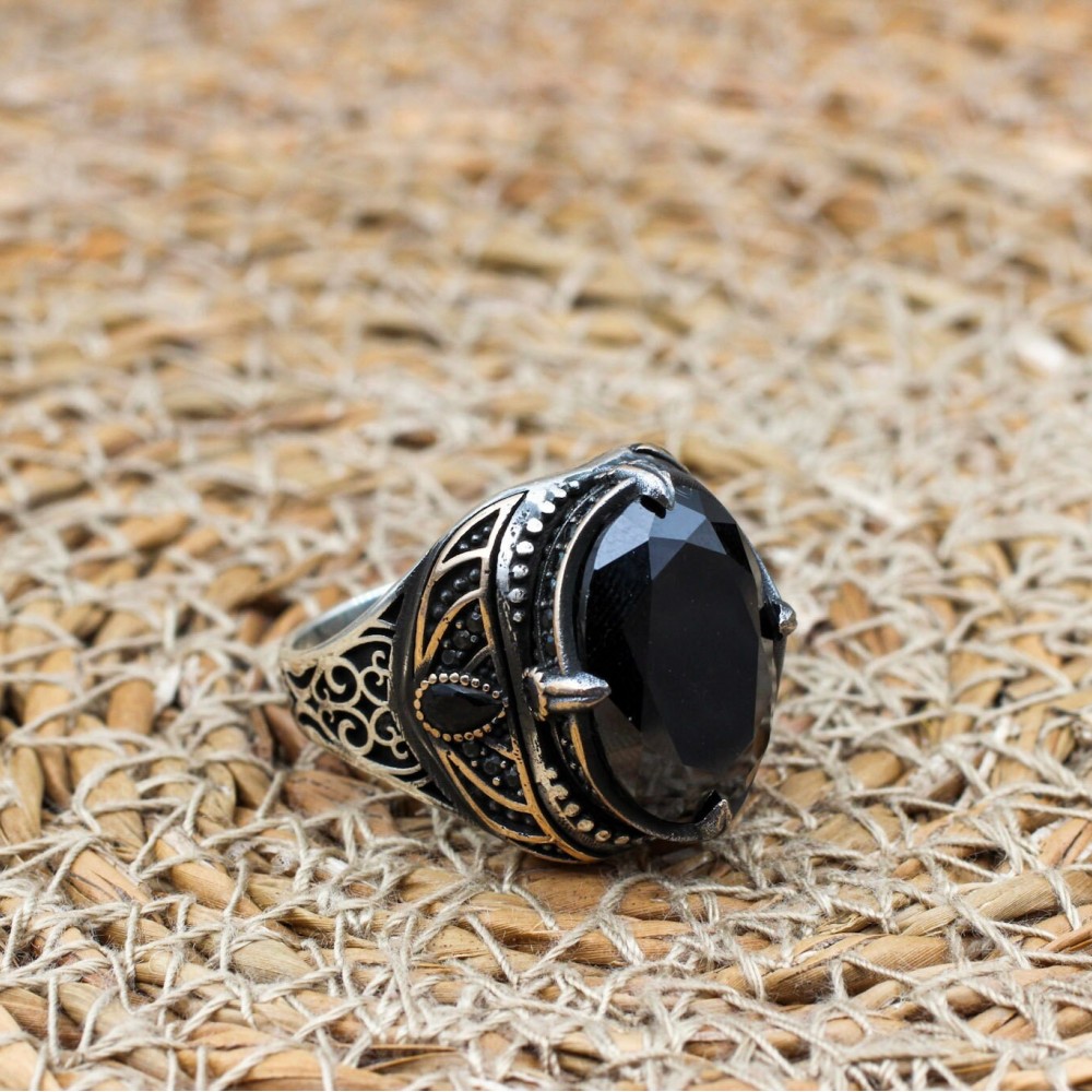 Turkish Handmade Silver Men's Ring, Men's Handmade Ring, Yemeni Men's Ring, Onyx Ring, Ottoman Ring, Gift for Him, 925k Sterling Silver,