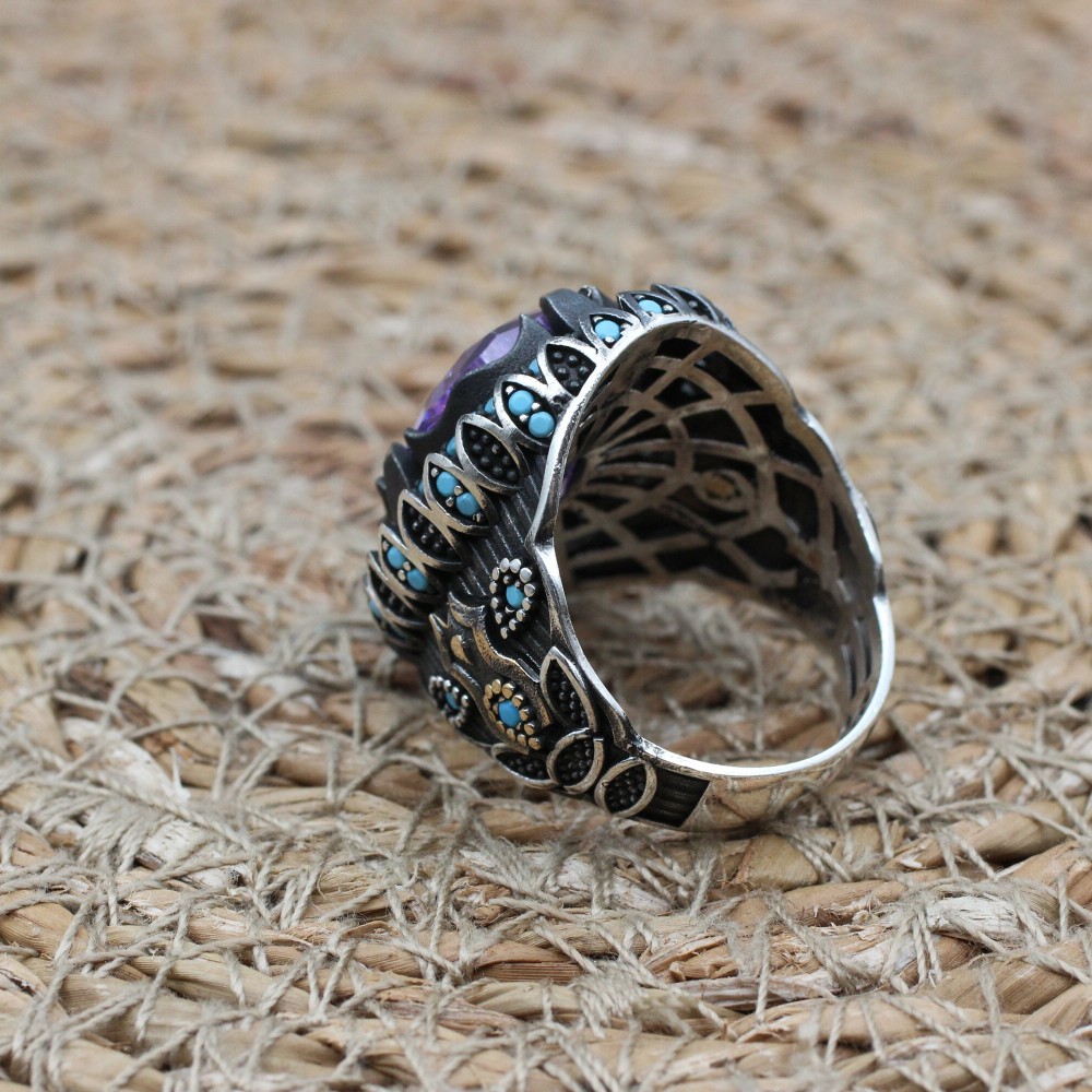 Amethyst Men's Ring, Mens Handmade Ring, Turkish Handmade Silver Men Ring, Ottoman Men Ring, Men Jewelry, Gift for Him, 925k Sterling Silver