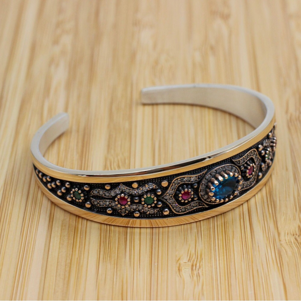 Aquamarine Bracelet, Ottoman Bracelet, Handmade Bracelet, Bangle Cuff, Turkish Handmade, Bangle Bracelet, Gift for Her, 925k Sterling Silver