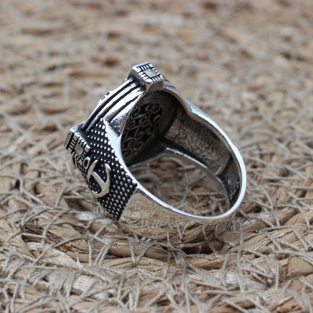 Turkish Handmade Ring, Compass Ring, Men's Handmade Ring, Anchor Ring, Agate Men Ring, Mens Jewelry, Gift for Him, 925k Sterling Silver Ring