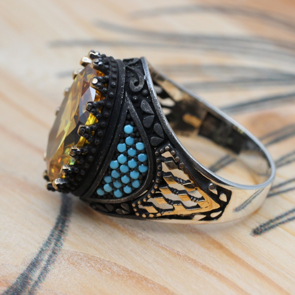 Citrine Men's Ring, Handmade Men's Ring, Turkish Handmade Ring, Ottoman Men's Ring, Men's Jewelry, Gift for Him, 925k Sterling Silver Ring