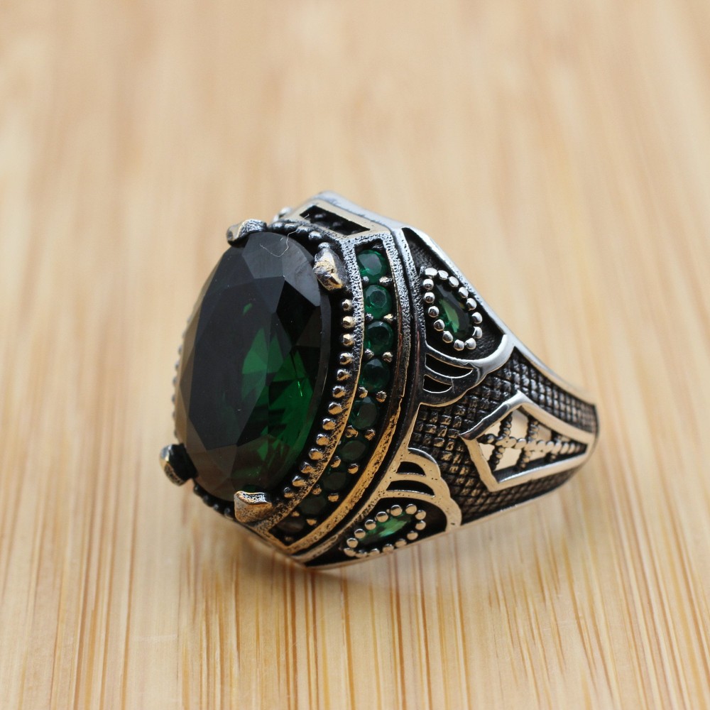 Emerald Men's Ring, Ottoman Men's Ring, Handmade Men's Ring, Turkish Handmade Men's Ring, Men's Jewelry, Gift for Him, 925 Sterling Silver
