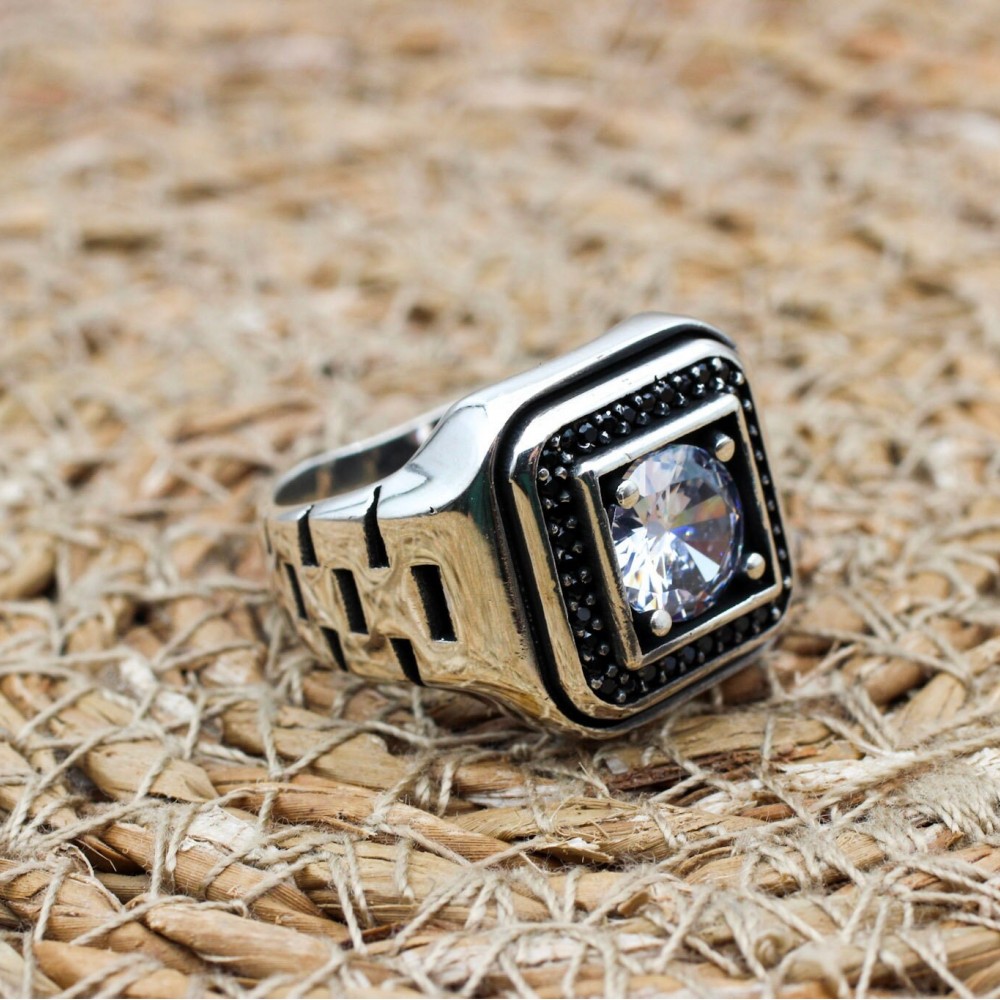 Mens Handmade Ring, Turkish Handmade Silver Men Ring, Ottoman Men Ring, Zircon Ring, Men's Jewelry, Gift for Him, 925k Sterling Silver Ring