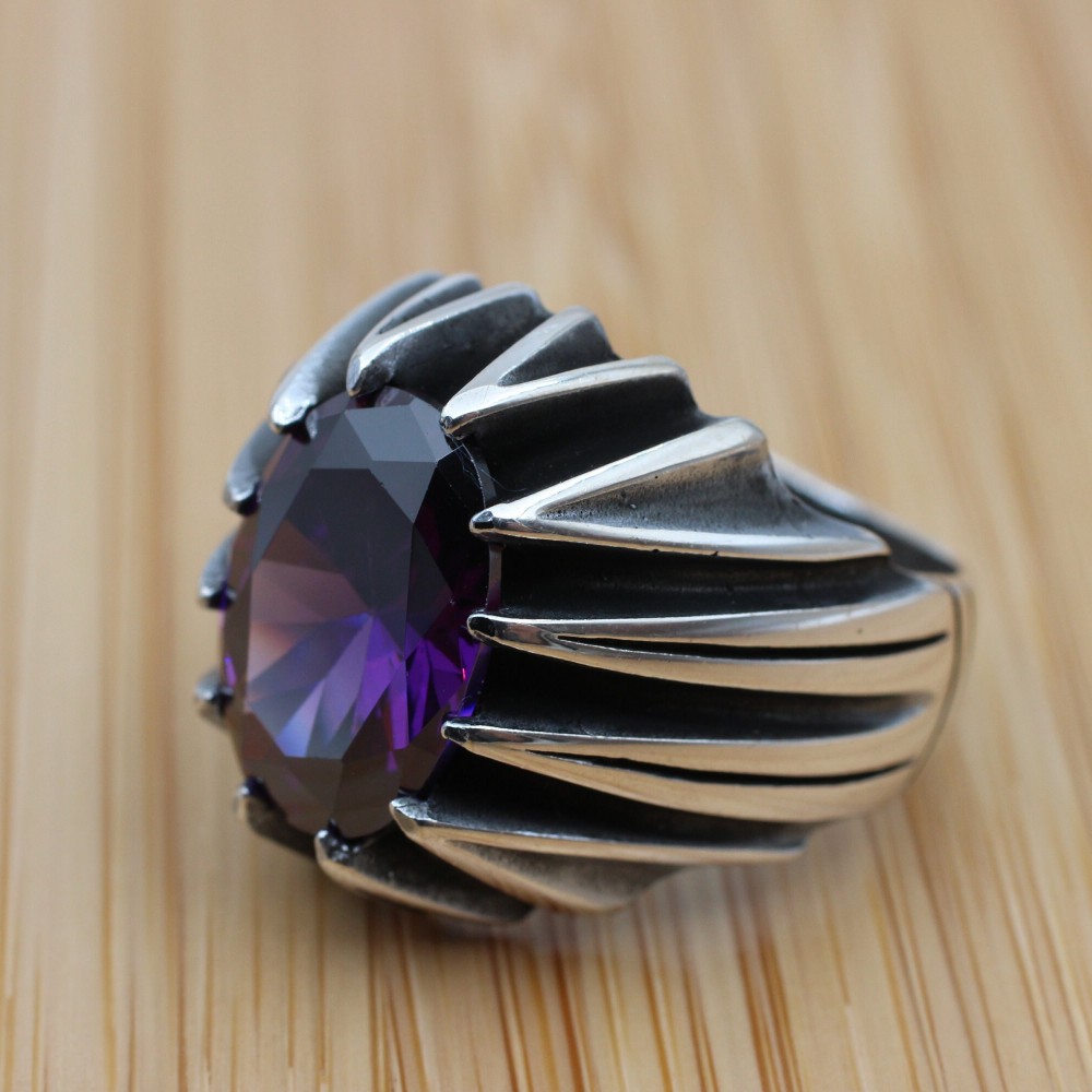 Mens Handmade Ring, Turkish Handmade Silver Men Ring, Ottoman Men Ring, Amethyst Ring, Men Jewelry, Gift for Him, 925k Sterling Silver Ring