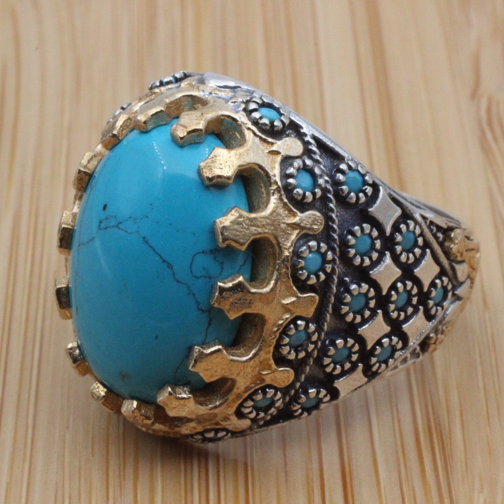 Turquoise Men's Ring, Handmade Ring, Turkish Handmade Silver Men's Ring, Ottoman Ring, Yemeni Ring, Gift for Him, 925k Sterling Silver Ring
