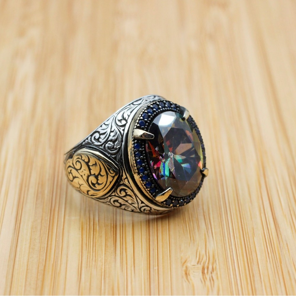 Mystic Topaz Men's Ring, Handmade Men's Ring, Turkish Handmade Ring, Silver Men's Ring, Men's Jewelry, Gift For Him, 925k Sterling Silver