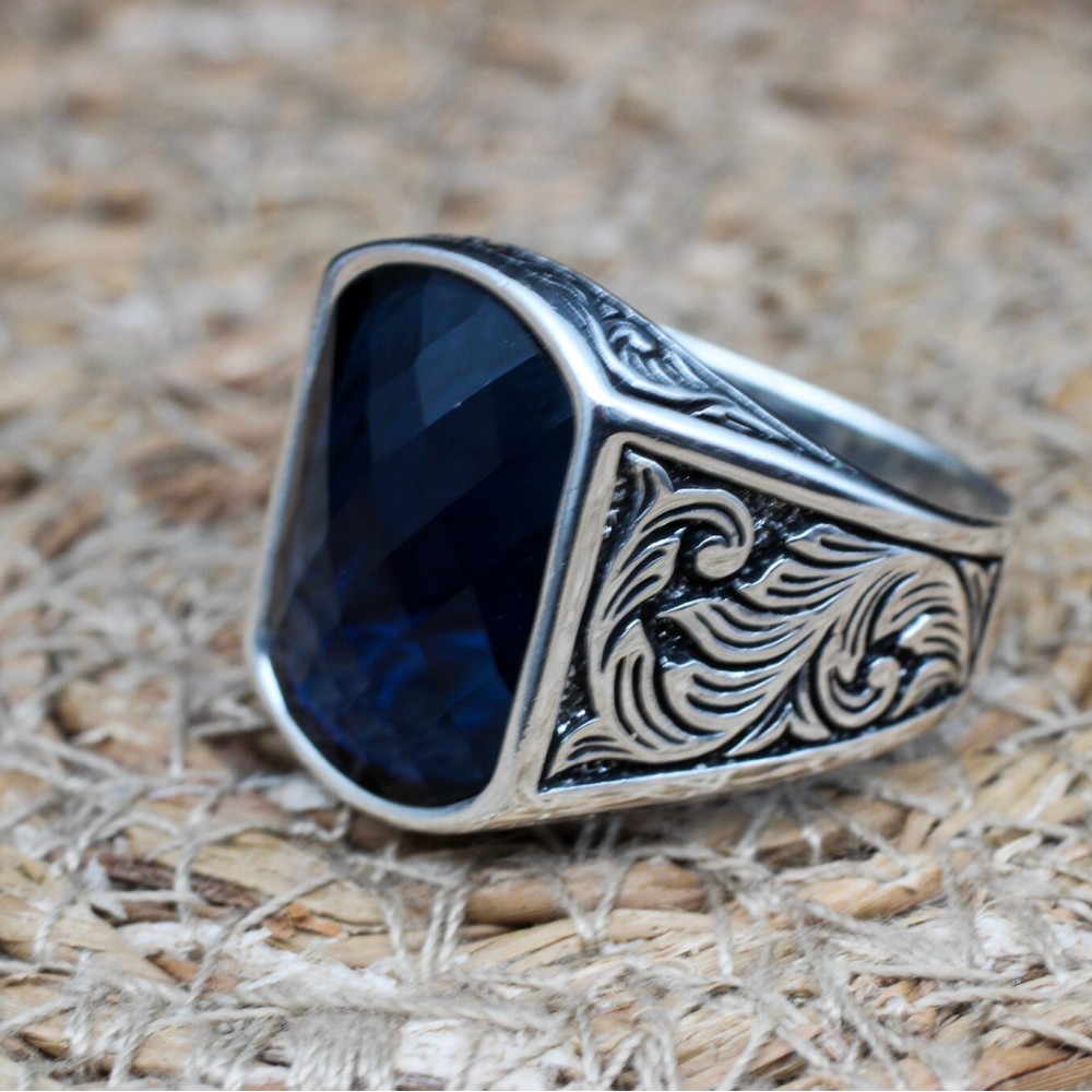 Turkish Handmade Silver Men Ring, Mens Handmade Ring, Ottoman Ring, Sapphire Ring, Men's Jewelry, Gift for Him, 925k Sterling Silver Ring