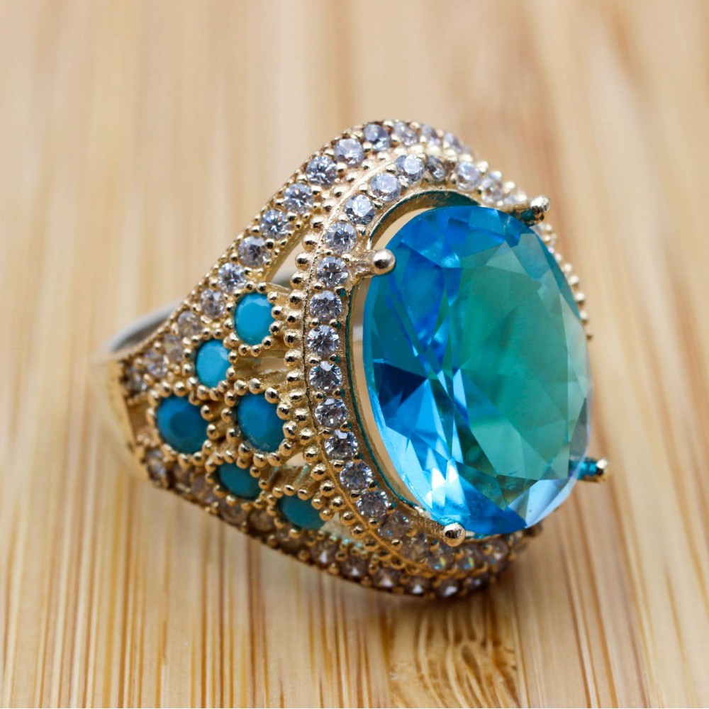 Aquamarine Ring,Ladies Ring, Handmade Women Ring, Turkish Handmade Silver Ladies Ring, Ottoman Ring, 925k Sterling Silver, Cubic Zircon Ring