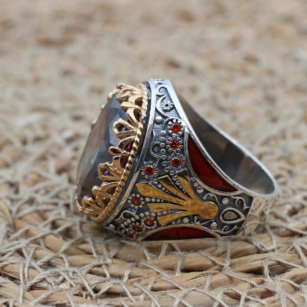 Mystic Topaz Ring, Handmade Ring, Turkish Handmade Silver Men Ring, Mystic Topaz Ring, Men's Jewelry, Gift for Him, 925k Sterling Silver