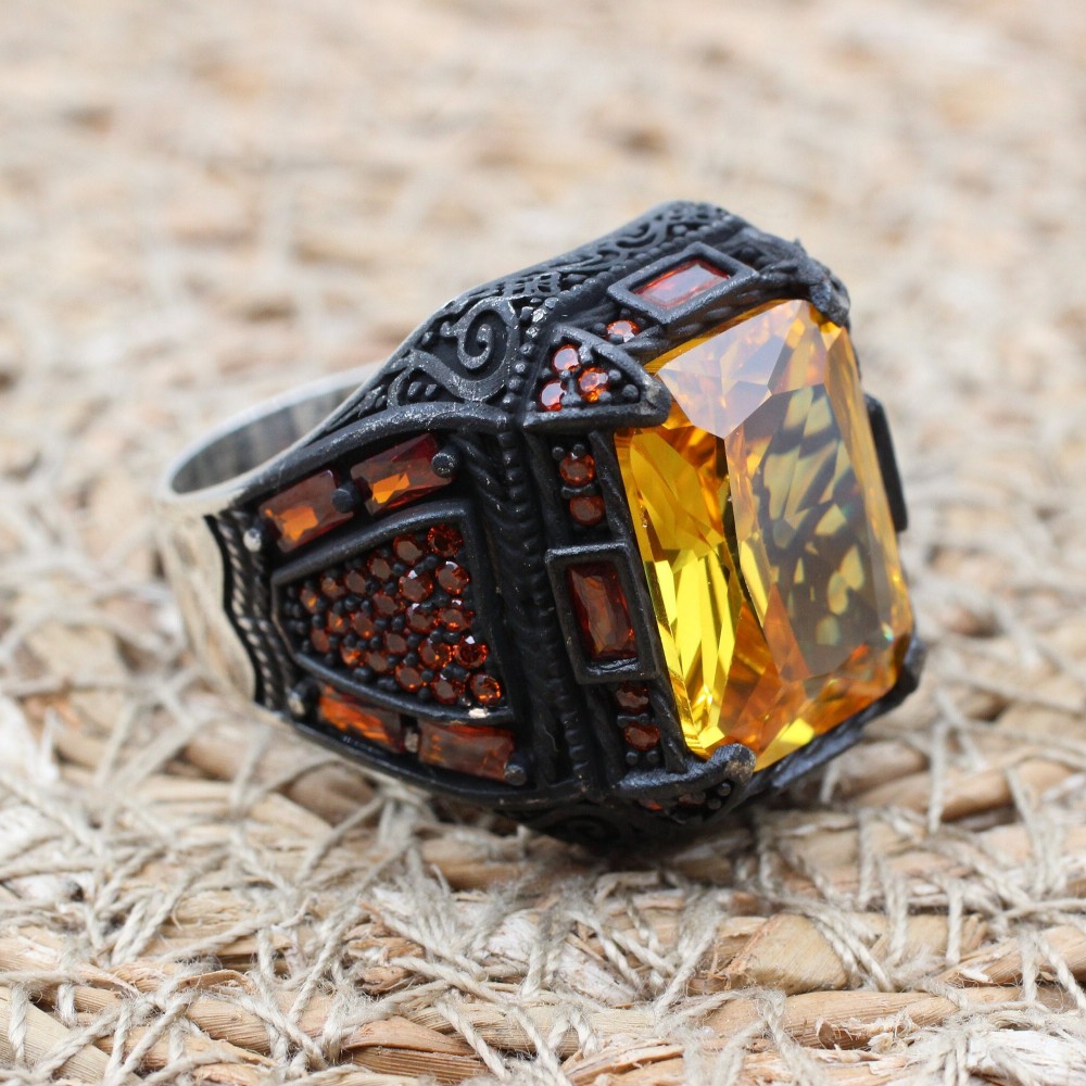 Citrine Men's Ring, Handmade Men's Ring, Turkish Handmade Ring, Ottoman Men's Ring, Men's Jewelry, Gift for Him, 925k Sterling Silver Ring