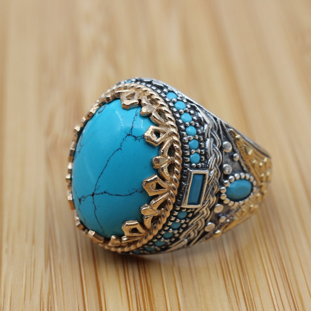 Turquoise Men's Ring, Handmade Ring, Turkish Handmade Silver Men Ring, Ottoman Ring, Men's Jewelry, Gift for Him, 925k Sterling Silver Ring
