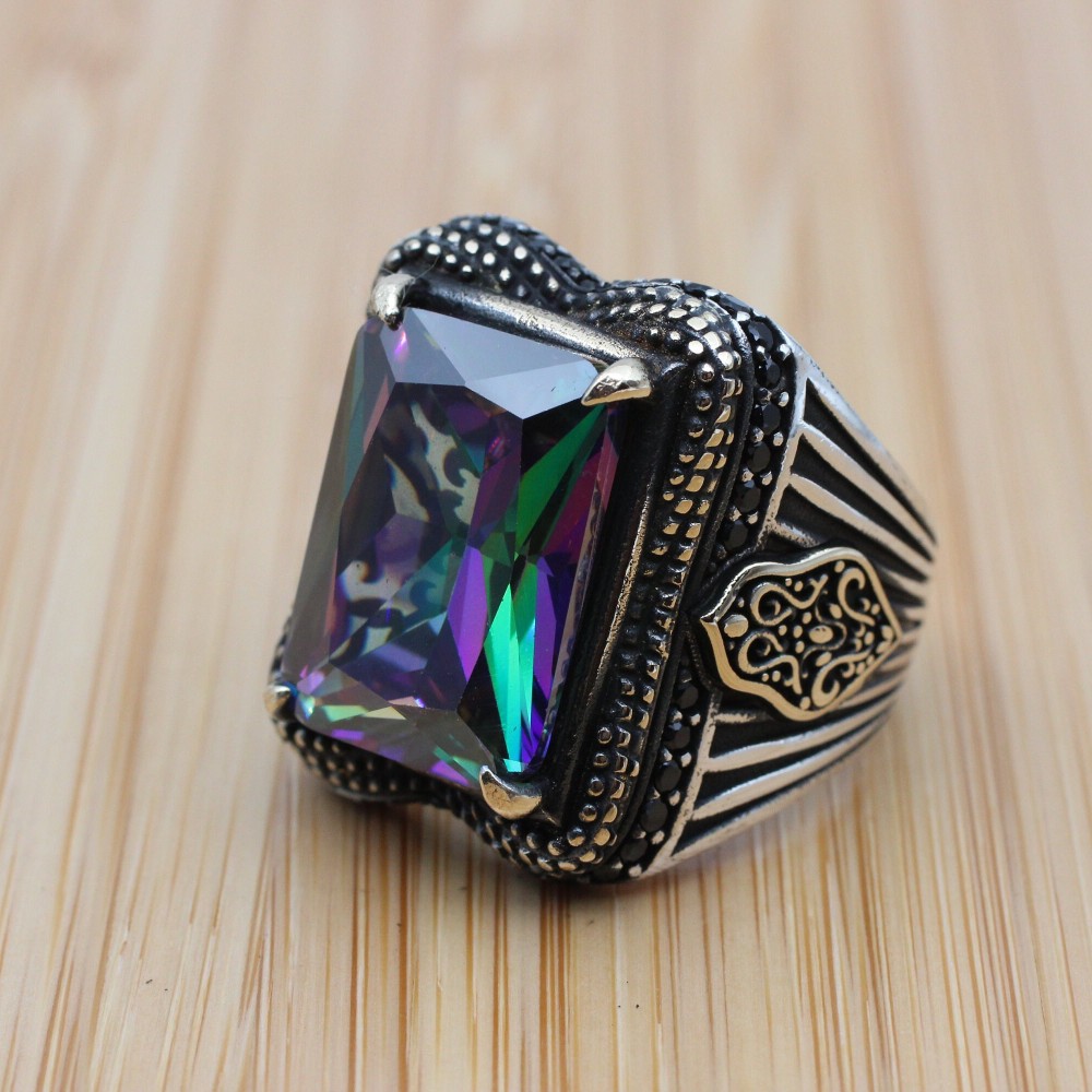 Mystic Topaz Ring, Handmade Ring, Turkish Handmade Silver Men Ring, Mystic Topaz Ring, Men's Jewelry, Gift for Him, 925k Sterling Silver