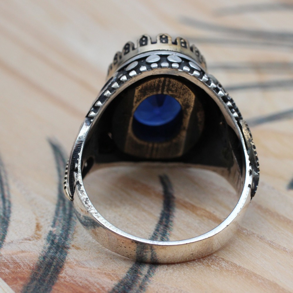 Sapphire Men Ring, Turkish Handmade Silver Men Ring, Mens Handmade Ring, Ottoman Ring, Men Jewelry, Gift for Him, 925k Sterling Silver Ring
