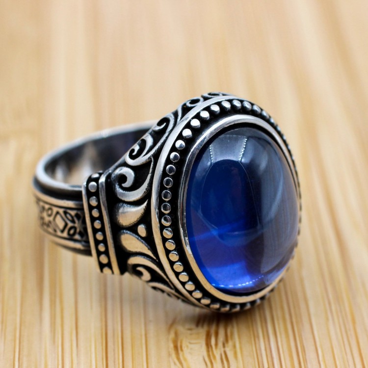 Turkish Handmade Silver Men Ring, Mens Handmade Ring, Ottoman Ring, Sapphire Ring, Men's Jewelry, Gift for Him, 925k Sterling Silver Ring
