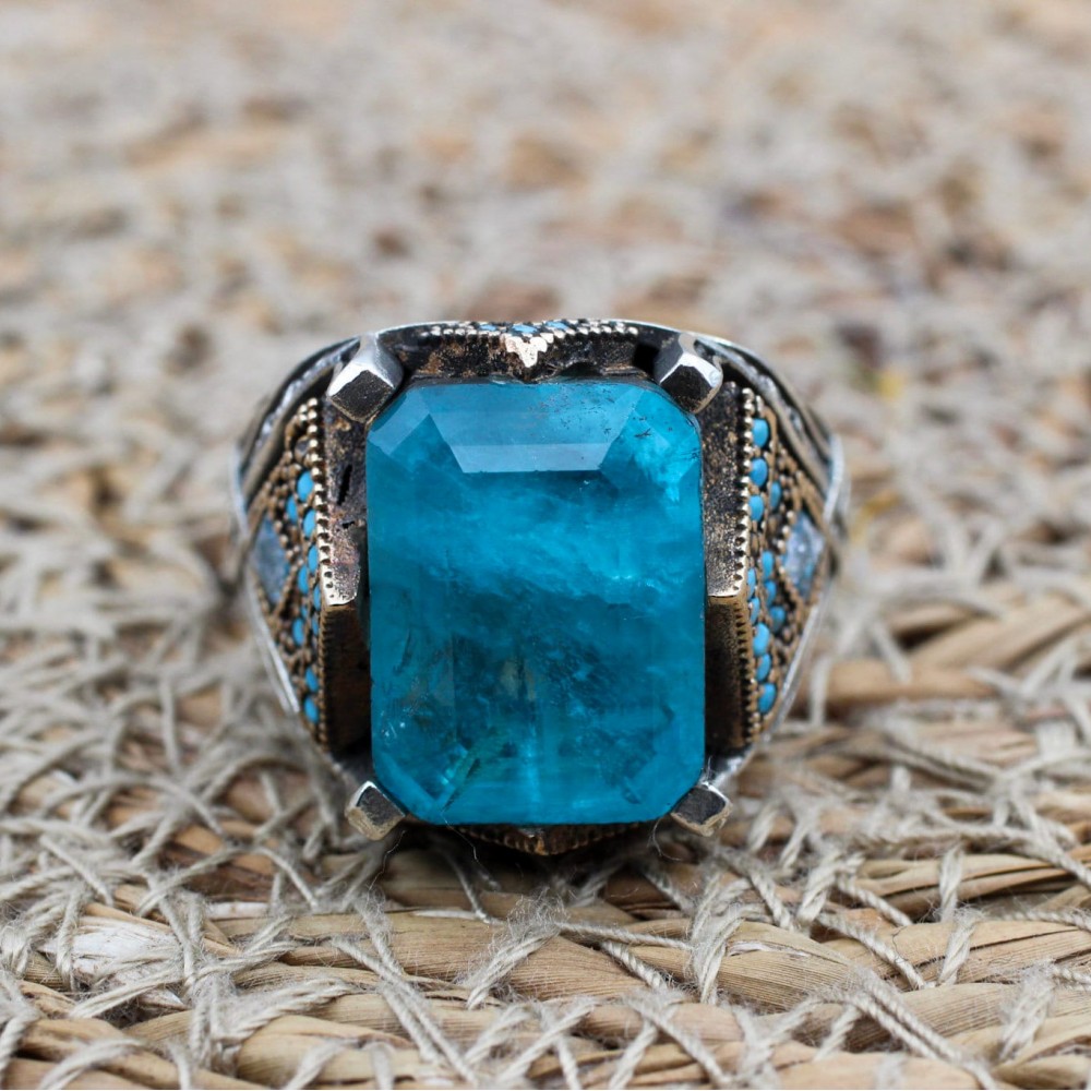 Paraiba Men's Ring, Handmade Men's Ring, Turkish Handmade Silver Men's Ring, Ottoman Ring, Men's Jewelry, Gift for Him, 925k Sterling Silver Paraiba Men's Ring, Handmade Men's Ring, Turkish Handmade Silver Men's Ring, Ottoman Ring, Men's Jewelry, Gift for Him, 925k Sterling Silver