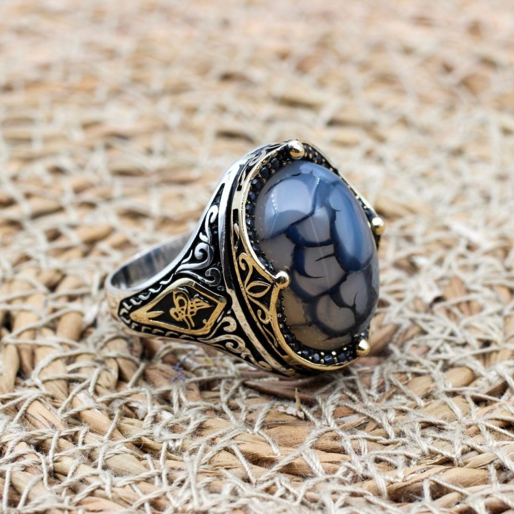 Agate Men's Ring, Handmade Men's Ring, Turkish Handmade Silver Ring, Ottoman Mens Ring, Mens Jewelry, Gift for Him, 925 Sterling Silver Ring