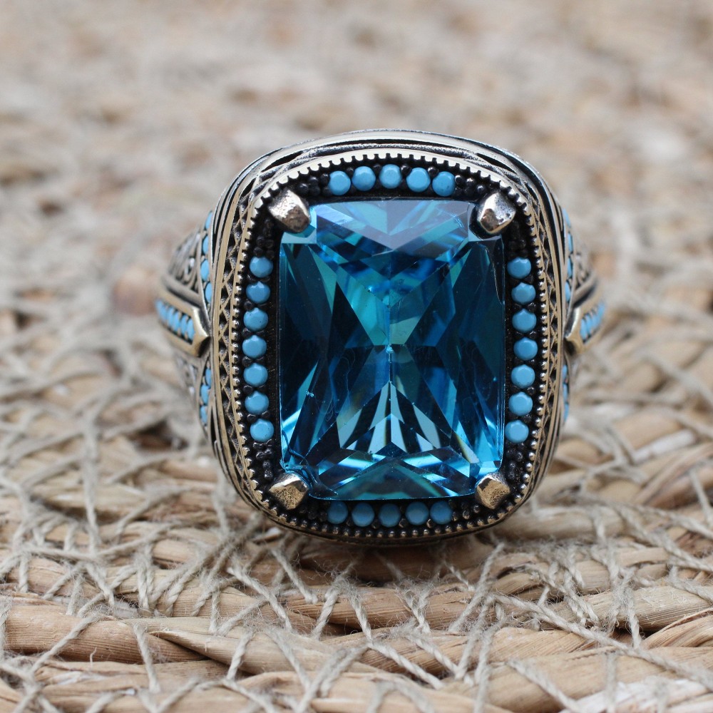 Mens Handmade Ring, Turkish Handmade Silver Men Ring, Ottoman Ring, Aquamarine Ring, Men's Jewelry, Gift for Him, 925k Sterling Silver Ring