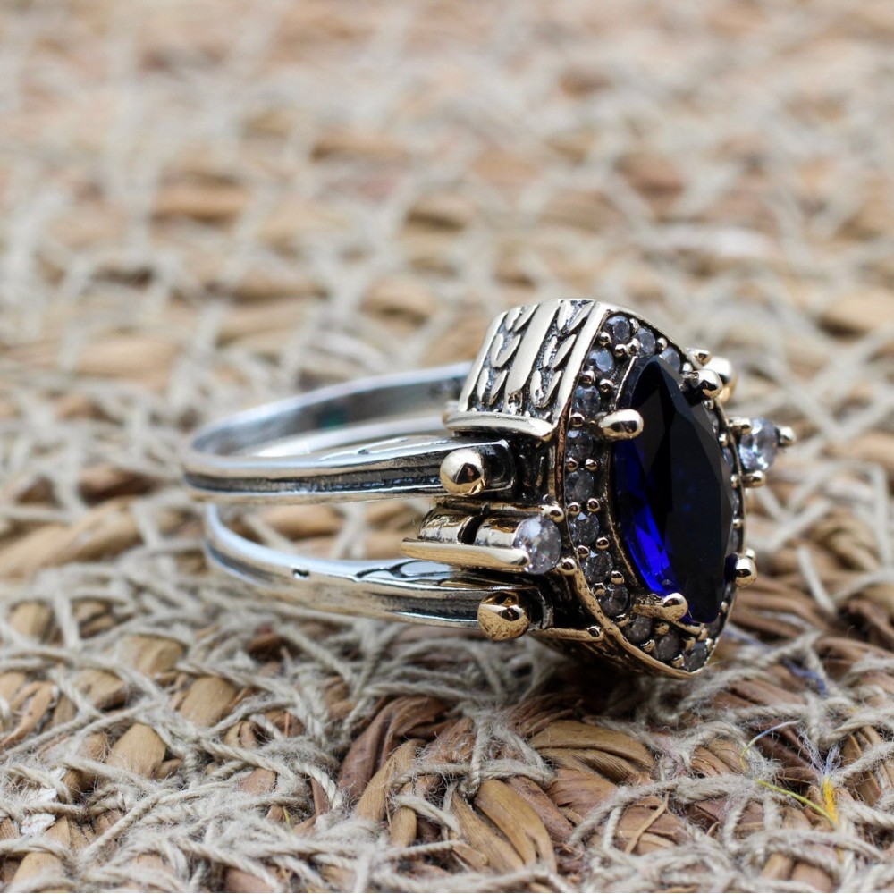 Sapphire Topaz Ring, Amethyst Ladies Ring, Two Stone Ladies Ring, Handmade Women Ring, Reversible Ring, Ottoman Ring, 925 Sterling Silver,