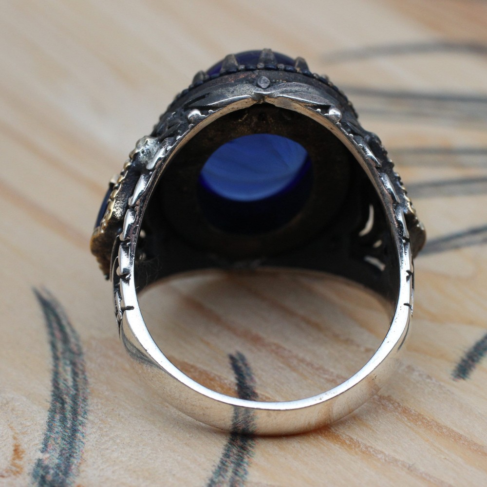 Sapphire Men Ring, Turkish Handmade Silver Men Ring, Mens Handmade Ring, Ottoman Ring, Men Jewelry, Gift for Him, 925k Sterling Silver Ring