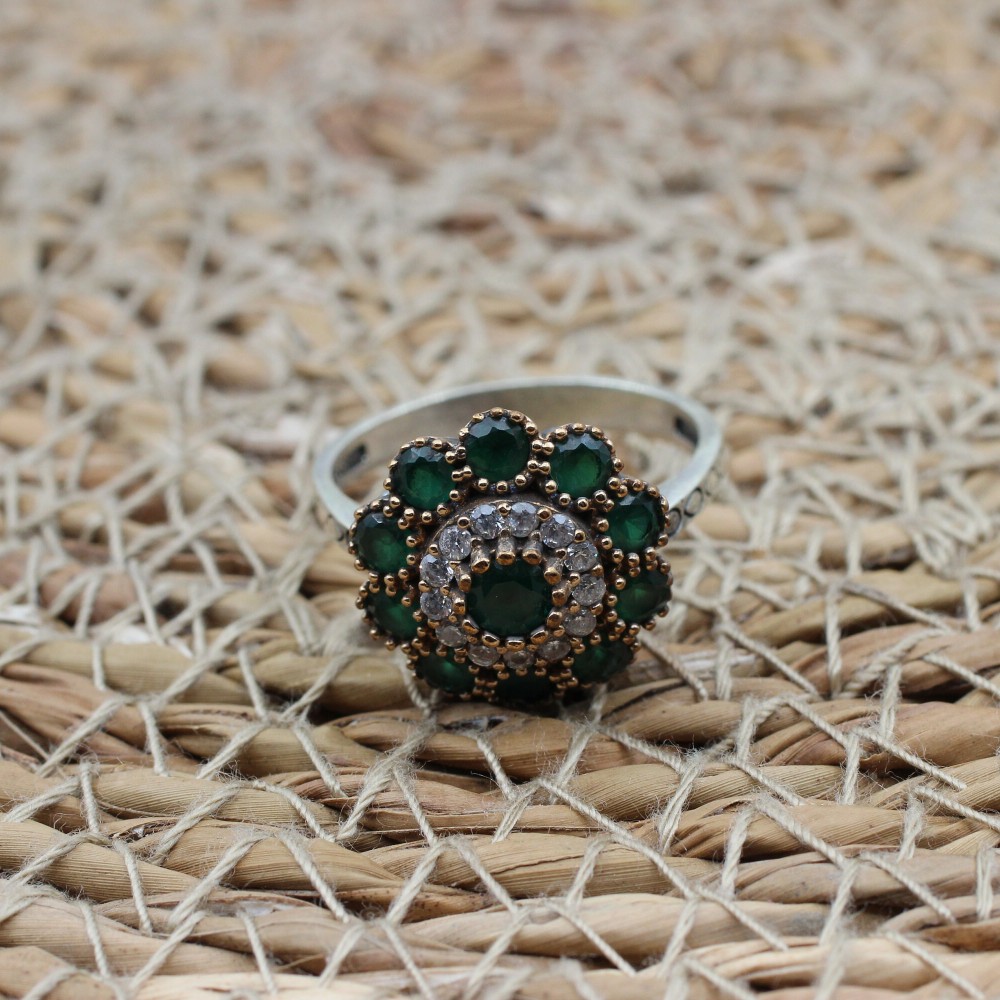 Emerald Ladies Set, Authentic Set, Handmade Set Women, Turkish Handmade Ladies Set, Ring, Earring, Pendant, Ladies Set, 925k Sterling Silver
