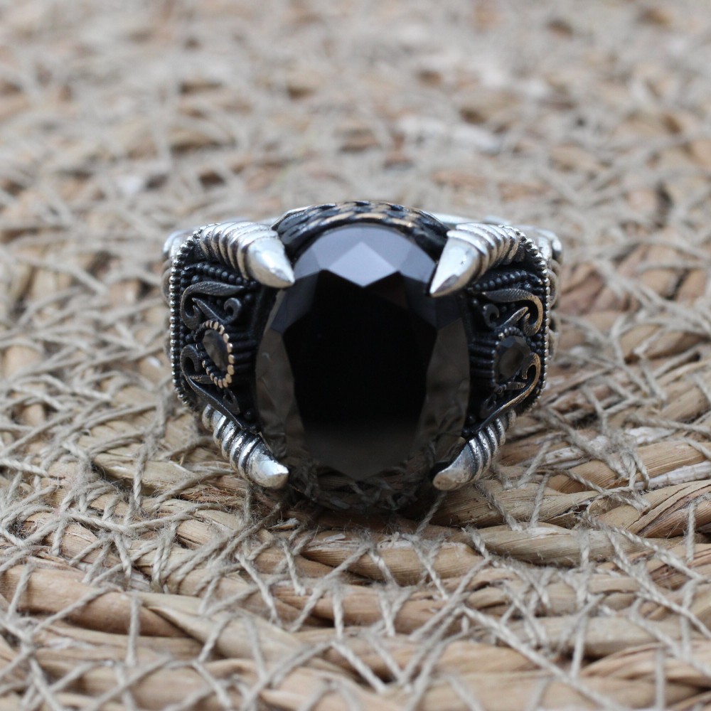 Onyx Men Ring, Turkish Handmade Silver Men Ring, Men's Handmade Ring, Men Chain Model Ring Ottoman Ring, Gift for Him, 925k Sterling Silver,