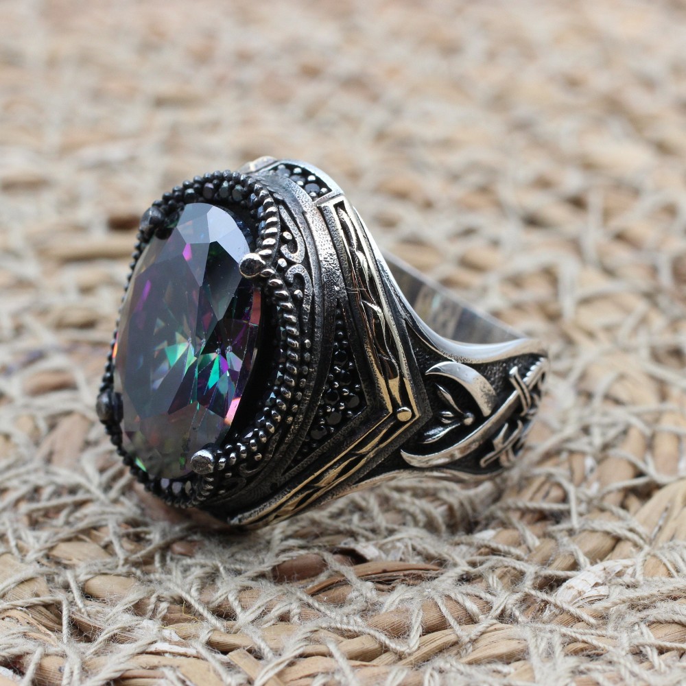 Mystic Topaz Ring, Handmade Ring, Turkish Handmade Silver Men Ring, Mystic Topaz Ring, Men's Jewelry, Gift for Him, 925k Sterling Silver