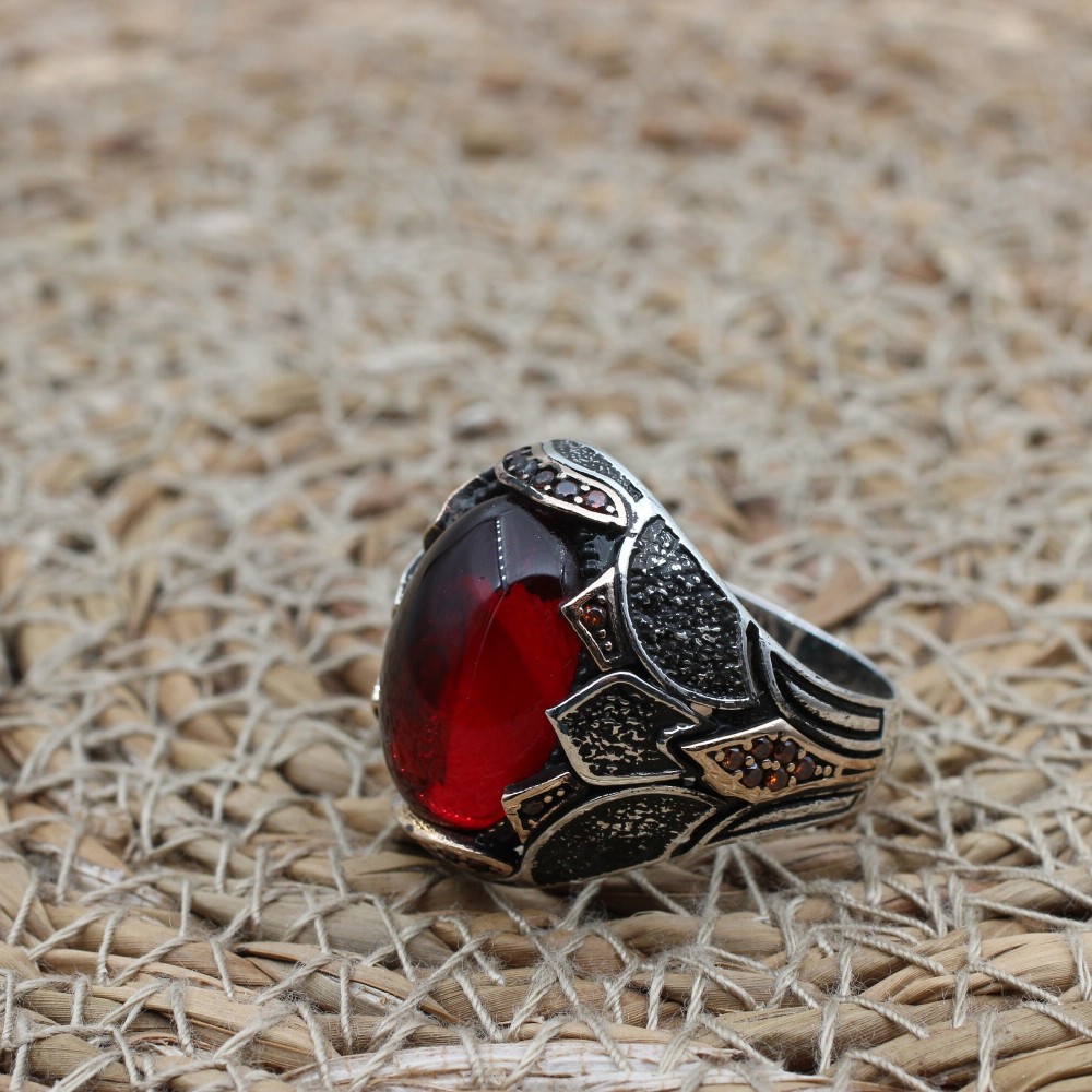 Ruby Men's Ring, Handmade Men's Ring, Turkish Handmade Silver Mens Ring, Ottoman Mens Ring, Mens Jewelry, Gift for Him, 925 Sterling Silver