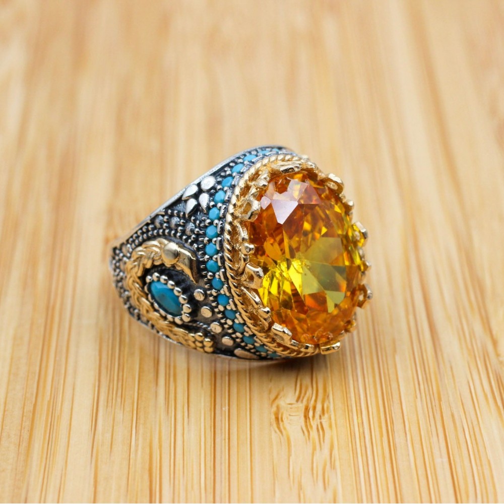 Men's Handmade Ring, Turkish Handmade Ring, Citrine Men's Ring, Ottoman Men's Ring, Men's Jewelry, Gift for Him, 925k Sterling Silver Ring