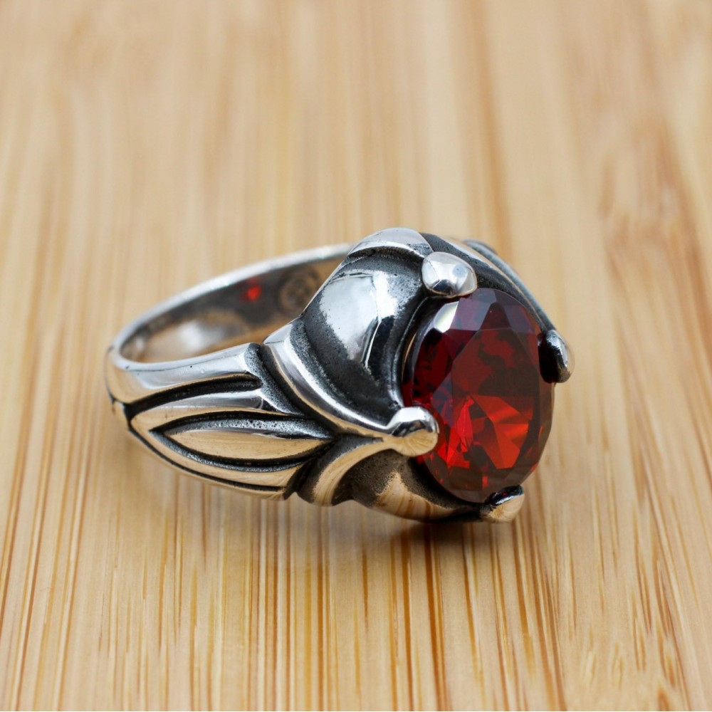 Mens Handmade Ring, Turkish Handmade Silver Men Ring, Ottoman Men Ring, Ruby Ring, Men's Jewelry, Gift for Him, 925k Sterling Silver Ring