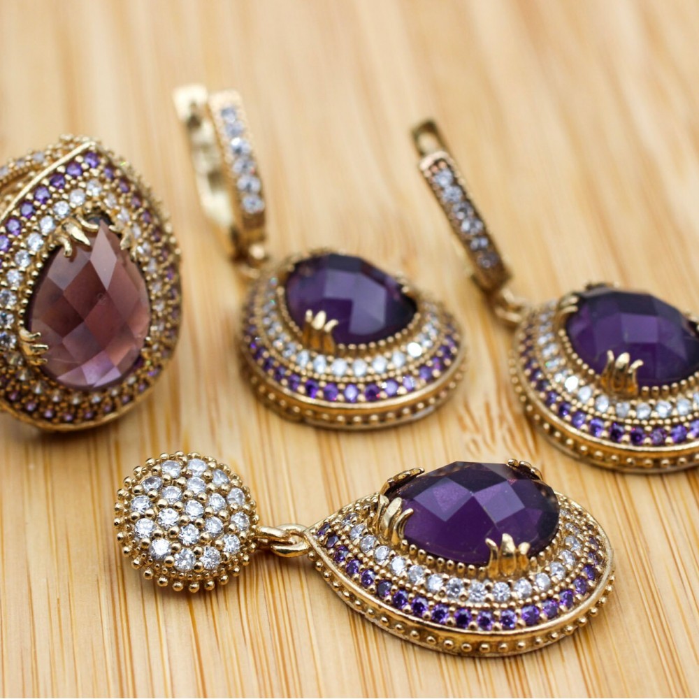 Amethyst Set, Authentic Set, Handmade Set Women, Turkish Handmade, Ladies Jewelry Set, Earring, Pendant, Ladies Set, 925k Sterling Silver