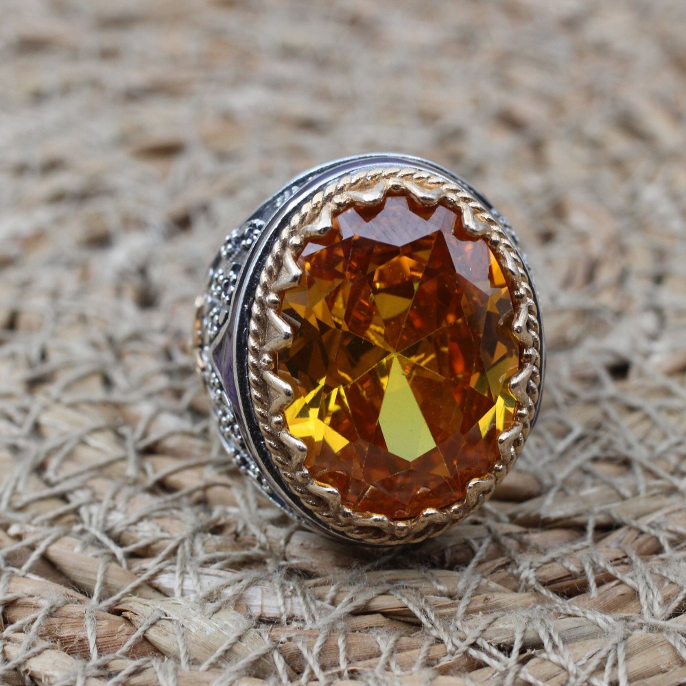 Citrine Men's Ring, Handmade Men's Ring, Turkish Handmade Ring, Ottoman Men's Ring, Men's Jewelry, Gift for Him, 925k Sterling Silver Ring