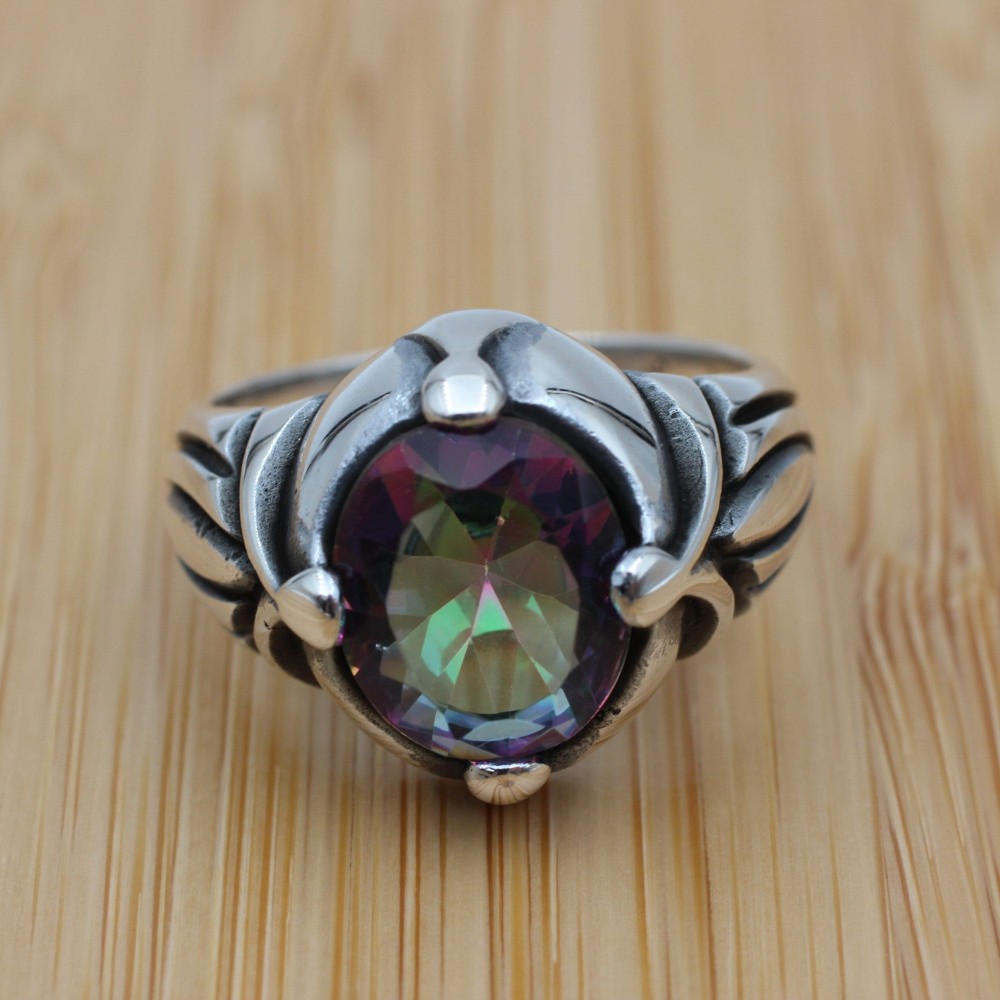 Mystic Topaz Ring, Handmade Ring, Turkish Handmade Silver Men Ring, Mystic Topaz Ring, Men's Jewelry, Gift for Him, 925k Sterling Silver