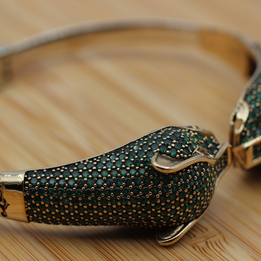 Emerald Bracelet, Tiger Bracelet, Handmade Bracelet, Bangle Cuff, Turkish Handmade, Ottoman Bracelet, Gift For Her, 925k Sterling Silver
