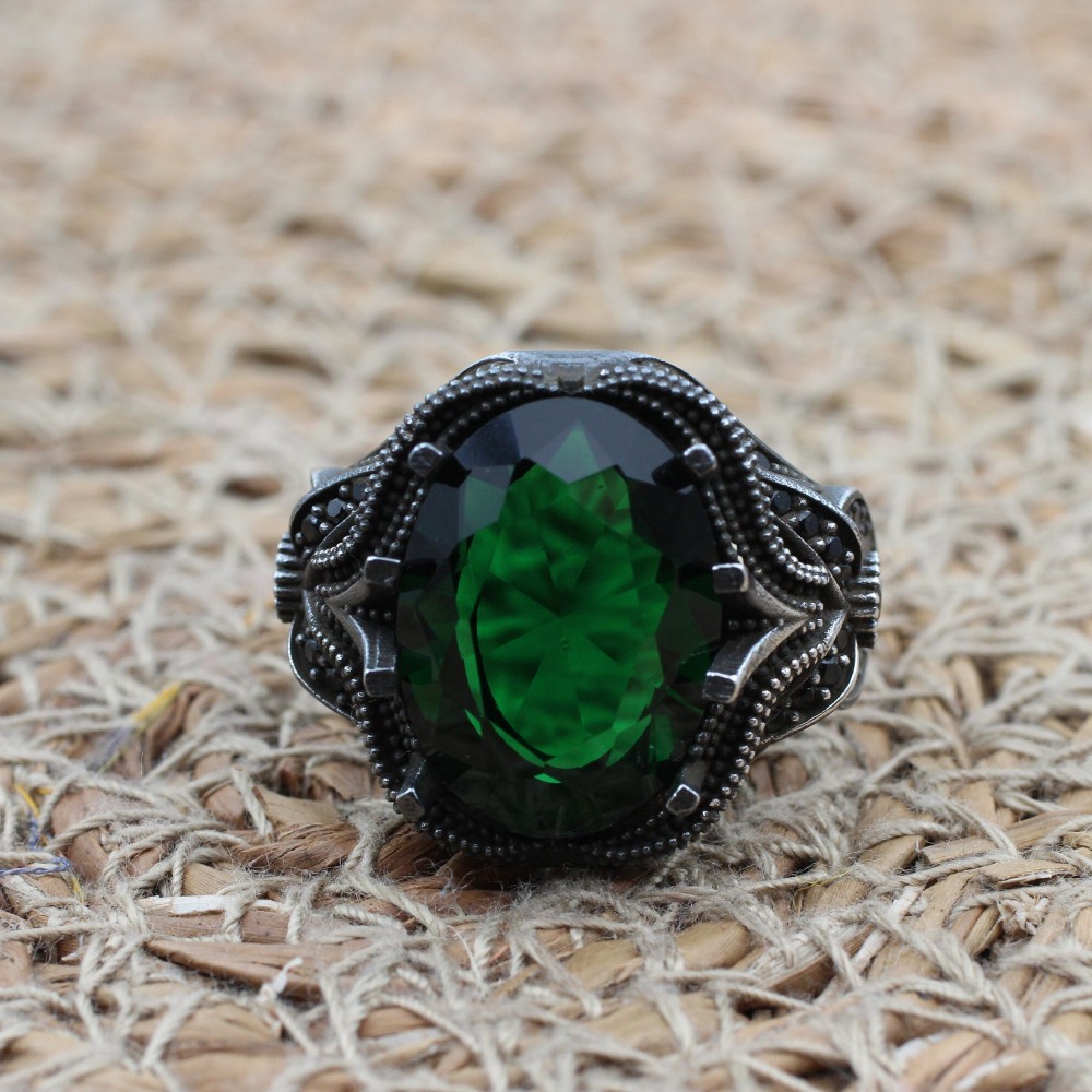 Emerald Men's Ring, Ottoman Men's Ring, Handmade Men's Ring, Turkish Handmade Men's Ring, Men's Jewelry, Gift for Him, 925 Sterling Silver