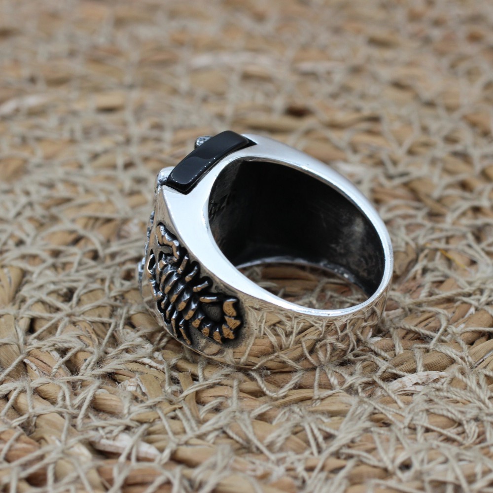 Onyx Men's Ring, Handmade Silver Men's Ring, Turkish Handmade Men's Ring, Men's Ring, Scorpion Men Ring, Gift for Him, 925k Sterling Silver,