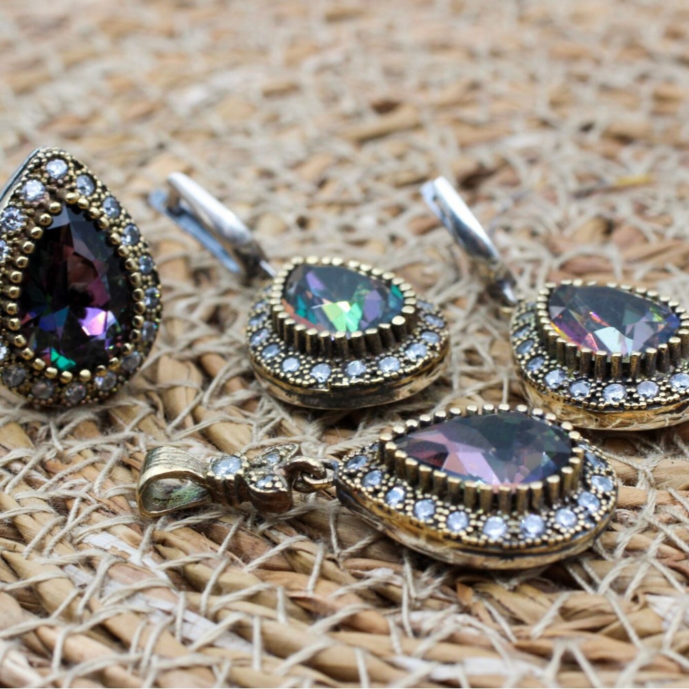 Mystic Topaz Set, Handmade Set Women, Turkish Handmade, Ladies Jewelry Set, Ottoman Set, Earring, Pendant, Ladies Set, 925 Sterling Silver
