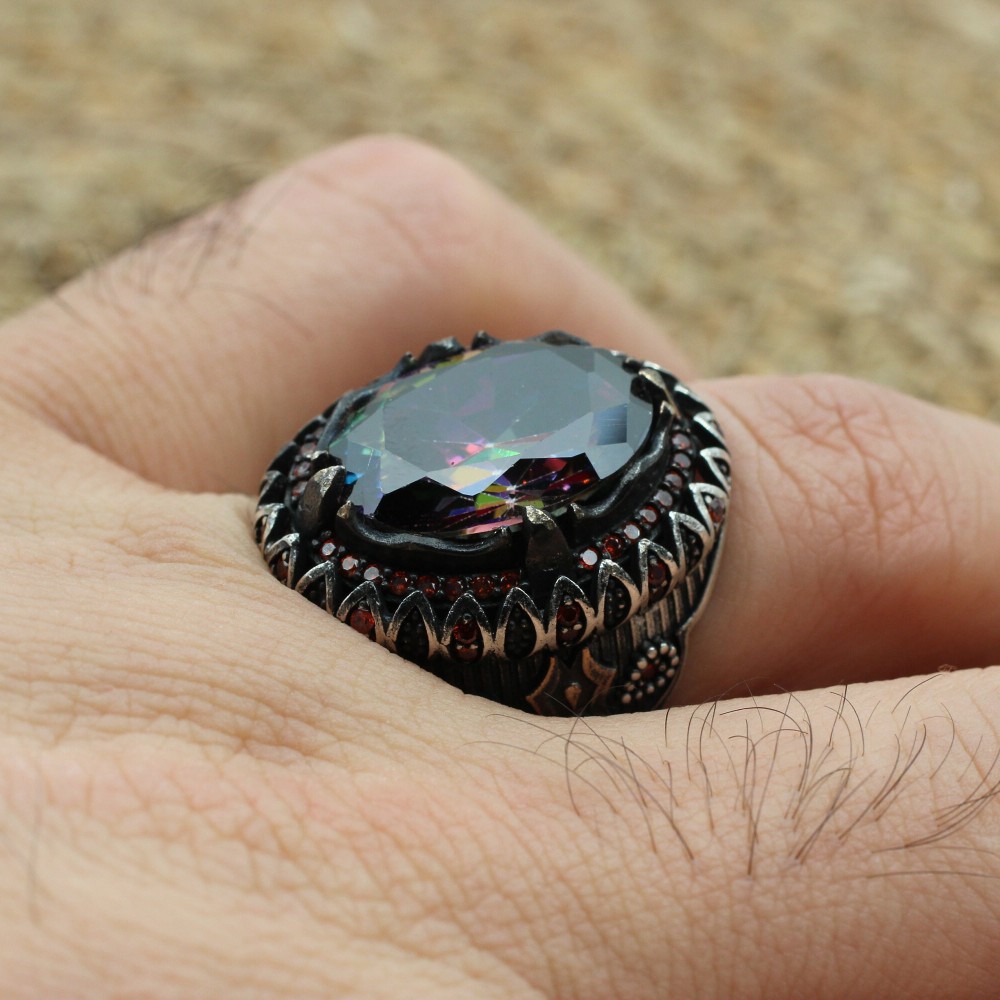 Mystic Topaz Ring, Handmade Ring, Turkish Handmade Silver Men Ring, Mystic Topaz Ring, Men's Jewelry, Gift for Him, 925k Sterling Silver Mystic Topaz Ring, Handmade Ring, Turkish Handmade Silver Men Ring, Mystic Topaz Ring, Men's Jewelry, Gift for Him, 925k Sterling Silver
